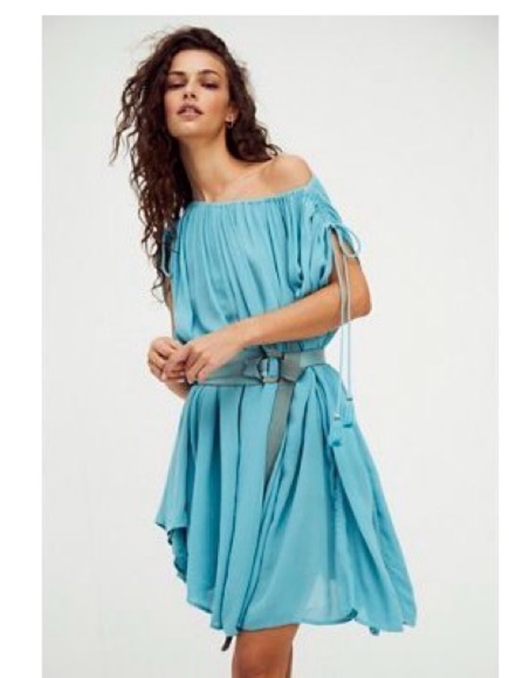 Free People One-Shoulder Aqua Blue Pleated Dress